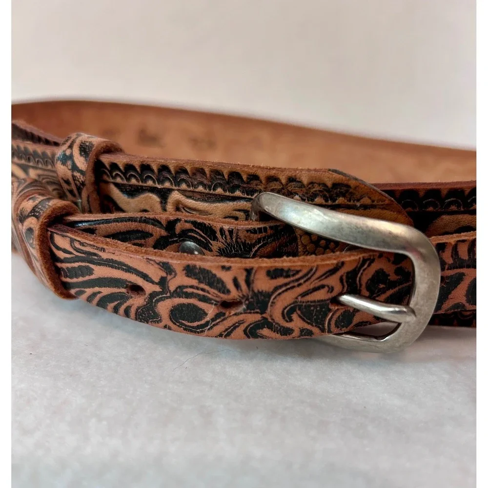 Cardat 7524 Brown Floral Tooled Leather Western Belt Silver‎ Buckle Womens 30